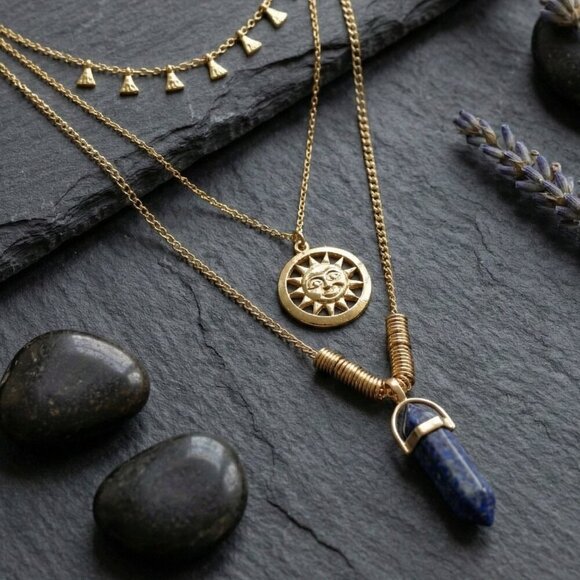 Gold Sun Necklace Blue Stone Pendant, Gold Plated Boho Chic  Handcrafted Layered Boho Sun Face Blue Stone Pendant Necklace Brass Gold Tone